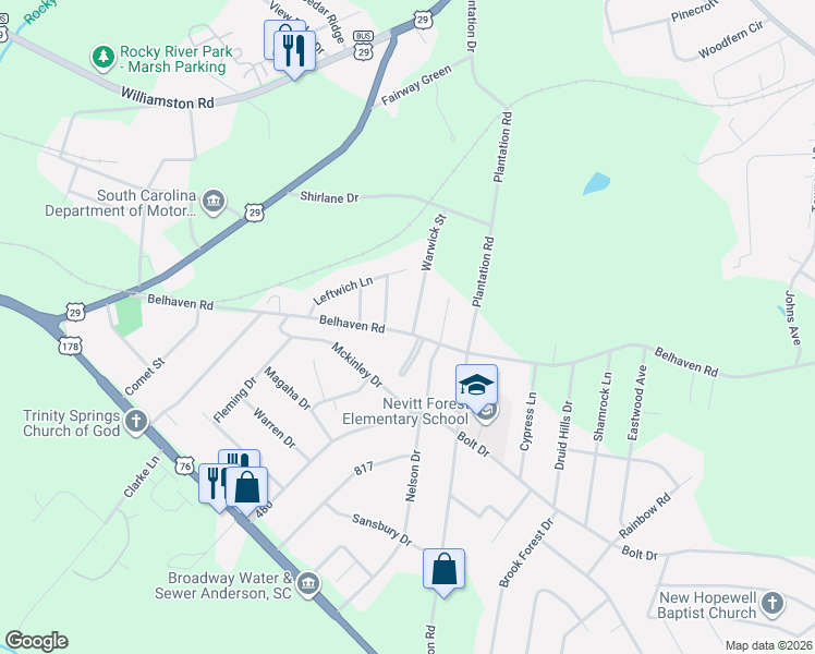 map of restaurants, bars, coffee shops, grocery stores, and more near 206 Warwick Street in Anderson