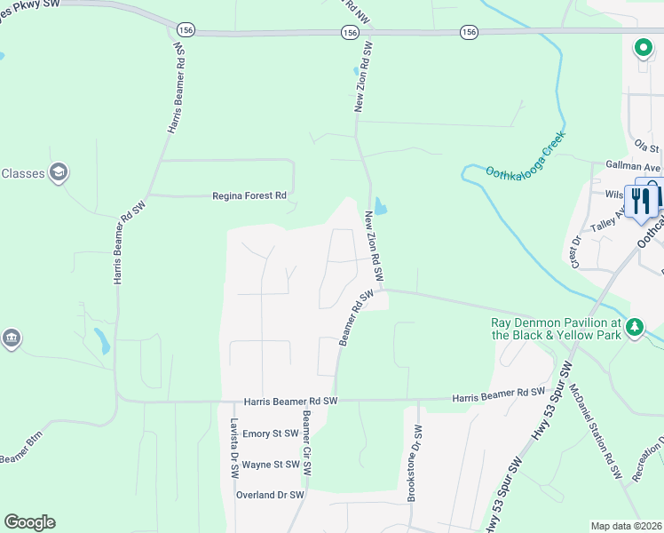 map of restaurants, bars, coffee shops, grocery stores, and more near 112 Gilmore Circle in Calhoun