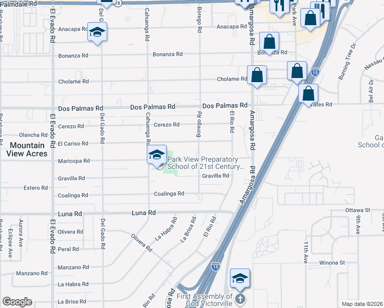 map of restaurants, bars, coffee shops, grocery stores, and more near 13545 Borego Road in Victorville