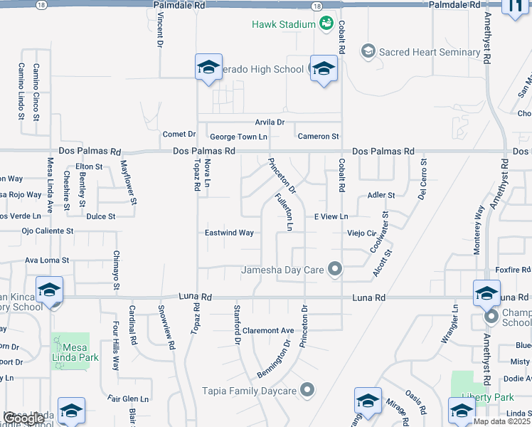 map of restaurants, bars, coffee shops, grocery stores, and more near 13525 Evanston Street in Victorville