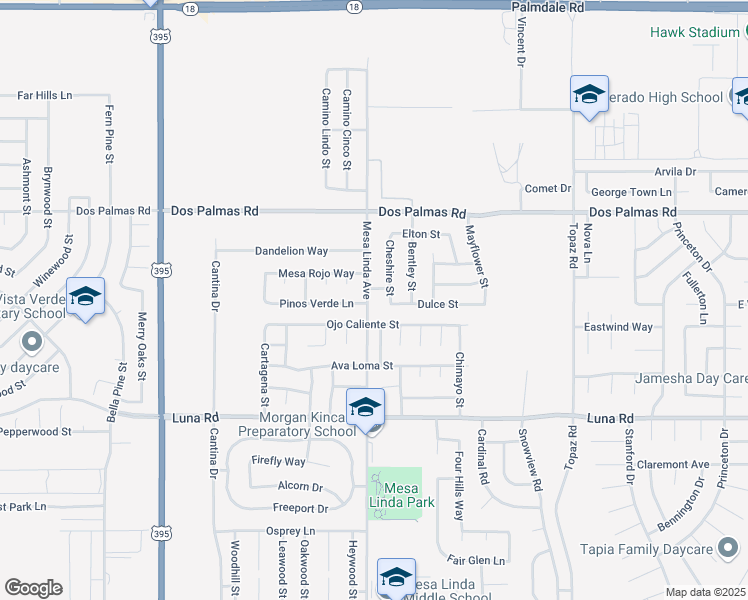 map of restaurants, bars, coffee shops, grocery stores, and more near 13527 Mesa Linda Avenue in Victorville