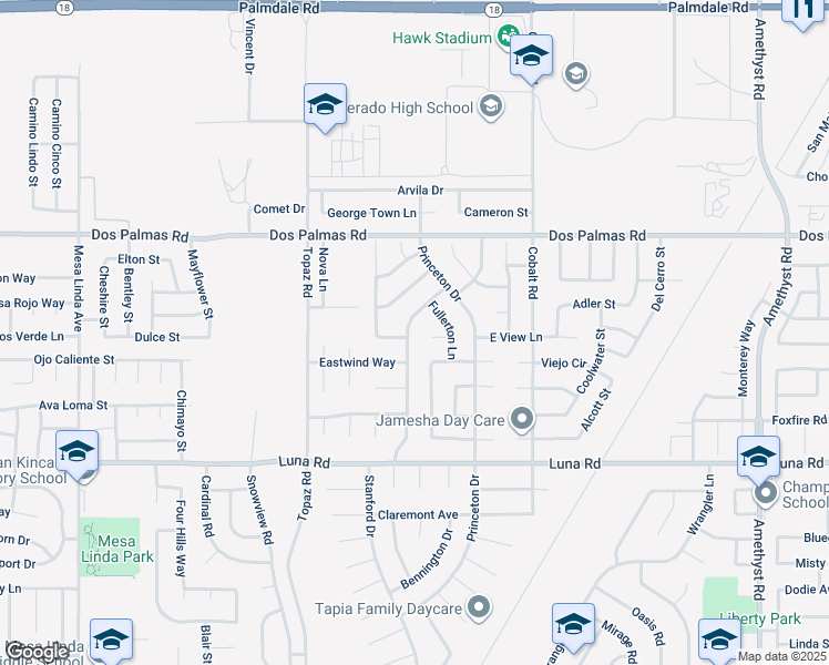 map of restaurants, bars, coffee shops, grocery stores, and more near 13525 Evanston Street in Victorville
