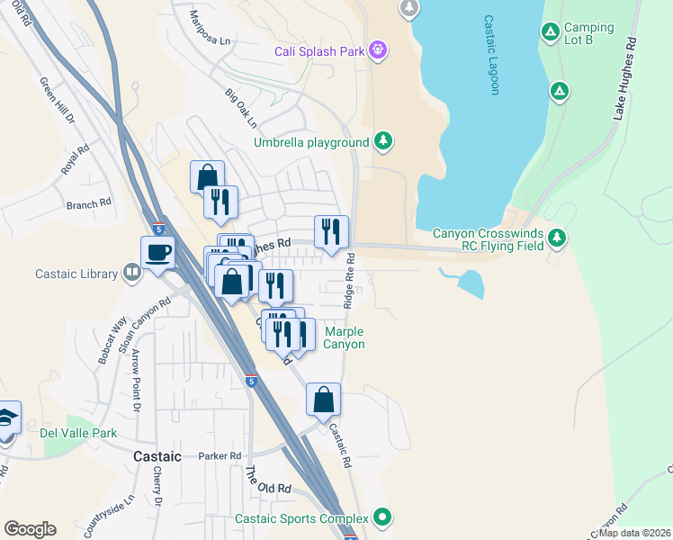 map of restaurants, bars, coffee shops, grocery stores, and more near Violin Canyon Road in Castaic