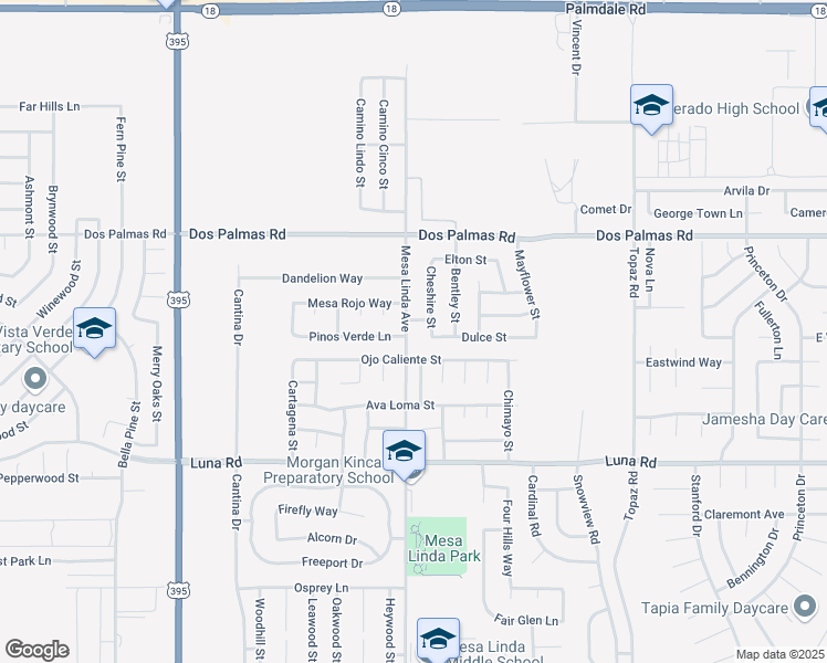map of restaurants, bars, coffee shops, grocery stores, and more near 13527 Mesa Linda Avenue in Victorville