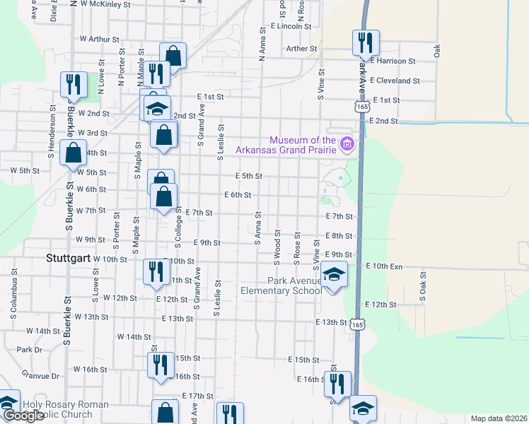 map of restaurants, bars, coffee shops, grocery stores, and more near 603 South Anna Street in Stuttgart