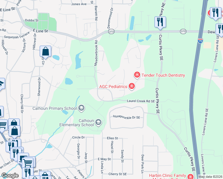 map of restaurants, bars, coffee shops, grocery stores, and more near 102 Bristol Place Southeast in Calhoun