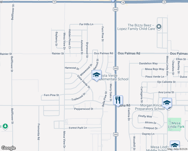 map of restaurants, bars, coffee shops, grocery stores, and more near 13536 Fern Pine Street in Victorville