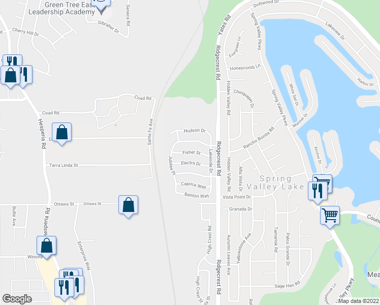 map of restaurants, bars, coffee shops, grocery stores, and more near 17593 Fisher Street in Victorville