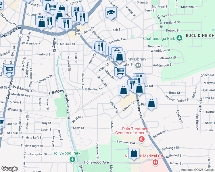 map of restaurants, bars, coffee shops, grocery stores, and more near 420 East Belding Street in Hot Springs