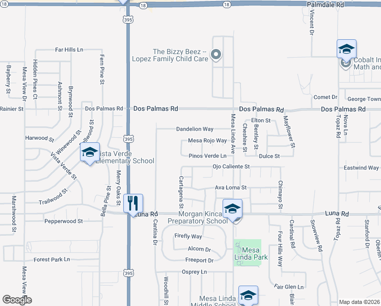 map of restaurants, bars, coffee shops, grocery stores, and more near 12338 Pinos Verde Lane in Victorville