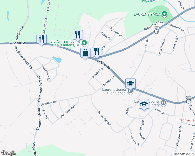 map of restaurants, bars, coffee shops, grocery stores, and more near 102 Jasmine Place in Laurens