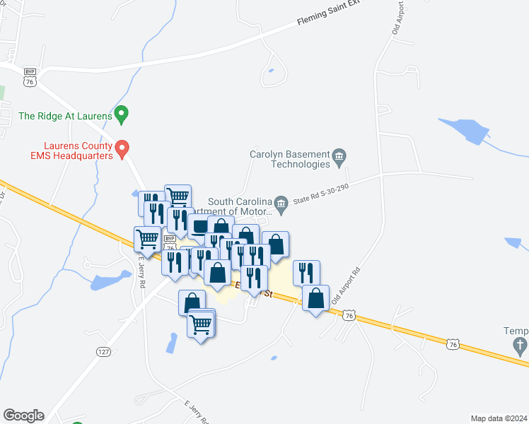 map of restaurants, bars, coffee shops, grocery stores, and more near 362 State Road S-30-290 in Laurens