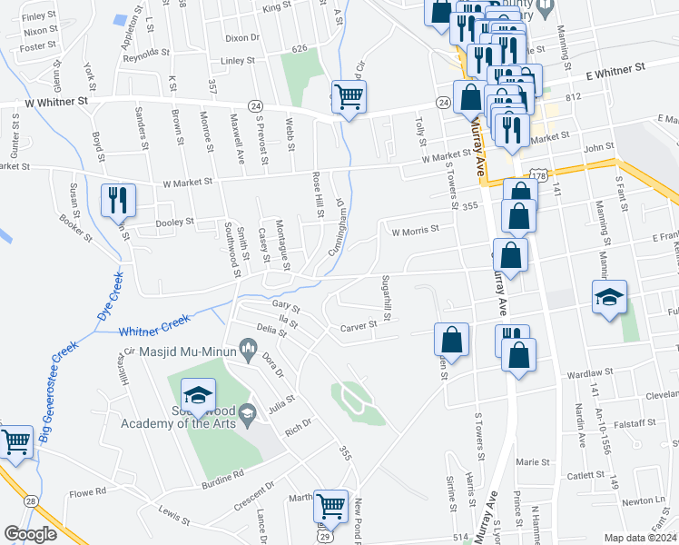 map of restaurants, bars, coffee shops, grocery stores, and more near 714 West Franklin Street in Anderson