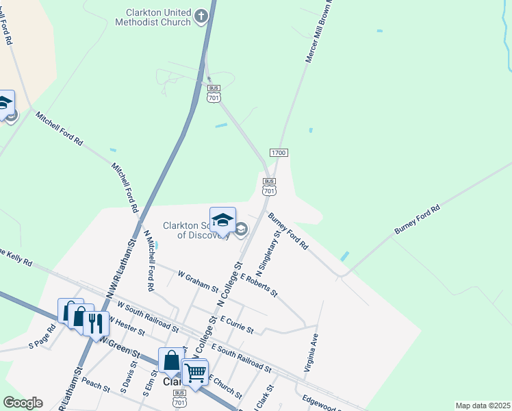 map of restaurants, bars, coffee shops, grocery stores, and more near 9830 North College Street in Clarkton