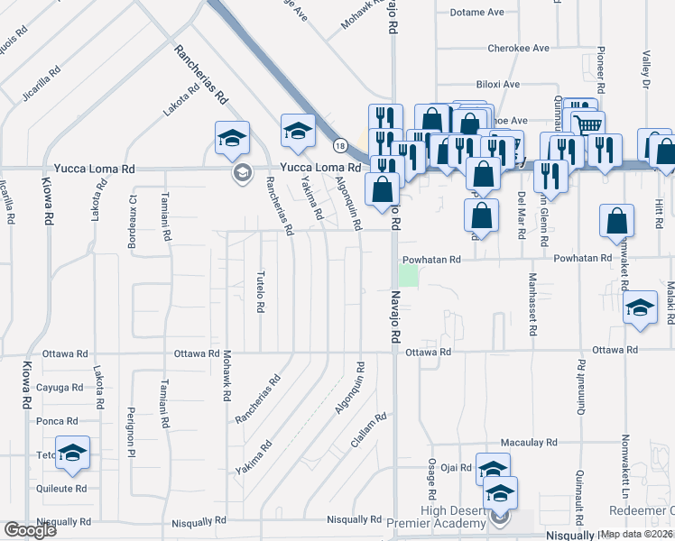 map of restaurants, bars, coffee shops, grocery stores, and more near 13475 Yakima Road in Apple Valley