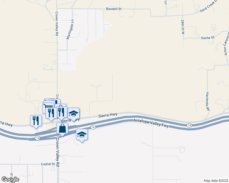 map of restaurants, bars, coffee shops, grocery stores, and more near Crown Valley Road in Acton