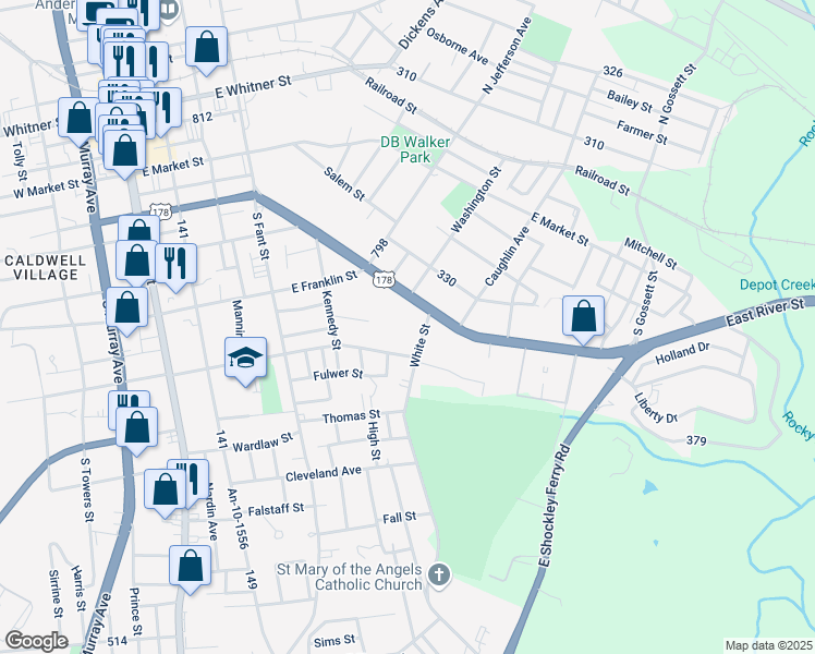 map of restaurants, bars, coffee shops, grocery stores, and more near 800 East River Street in Anderson