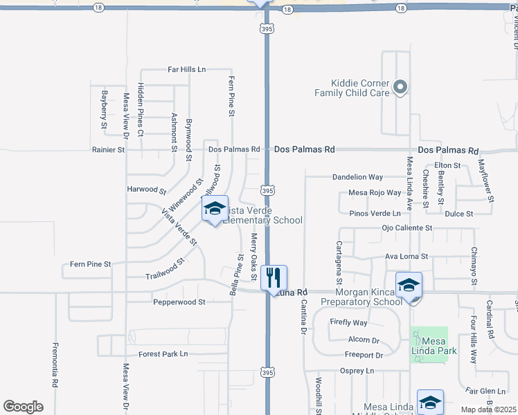 map of restaurants, bars, coffee shops, grocery stores, and more near 13539 Merry Oaks Street in Victorville