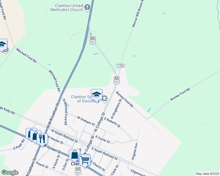 map of restaurants, bars, coffee shops, grocery stores, and more near 9830 North College Street in Clarkton