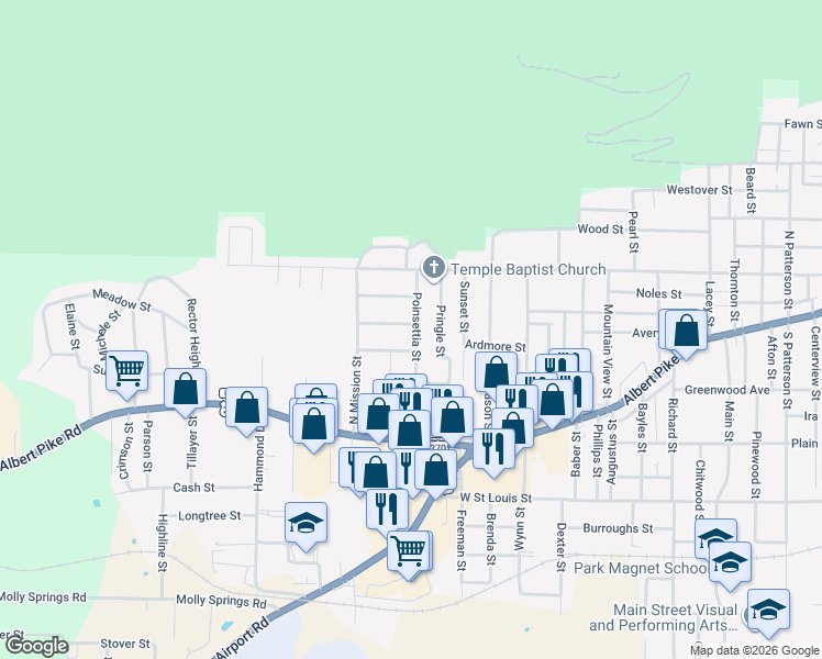 map of restaurants, bars, coffee shops, grocery stores, and more near 302 Poinsettia Street in Hot Springs