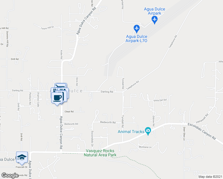 map of restaurants, bars, coffee shops, grocery stores, and more near 10535 Darling Road in Santa Clarita