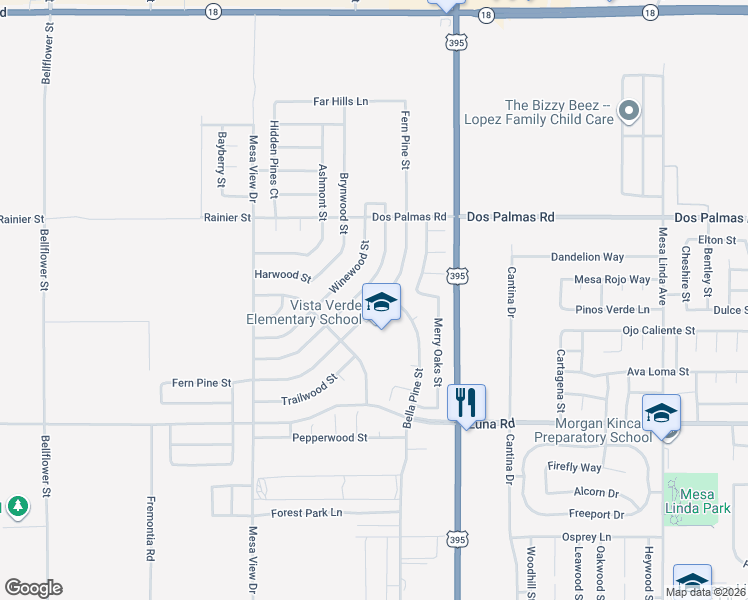map of restaurants, bars, coffee shops, grocery stores, and more near 13542 Fern Pine Street in Victorville