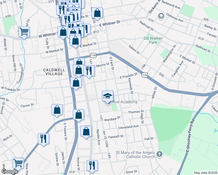 map of restaurants, bars, coffee shops, grocery stores, and more near 216 East Franklin Street in Anderson