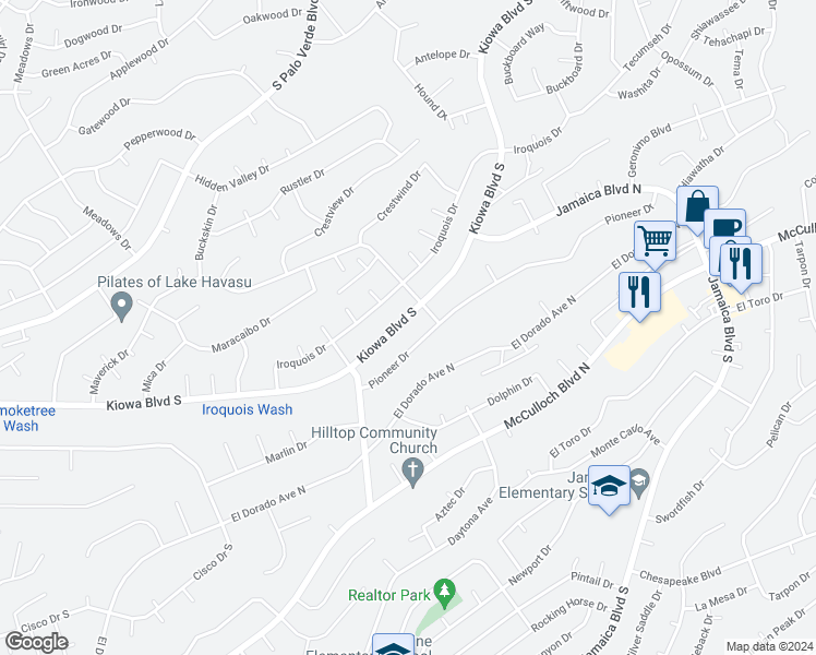 map of restaurants, bars, coffee shops, grocery stores, and more near 3225 Kiowa Boulevard South in Lake Havasu City