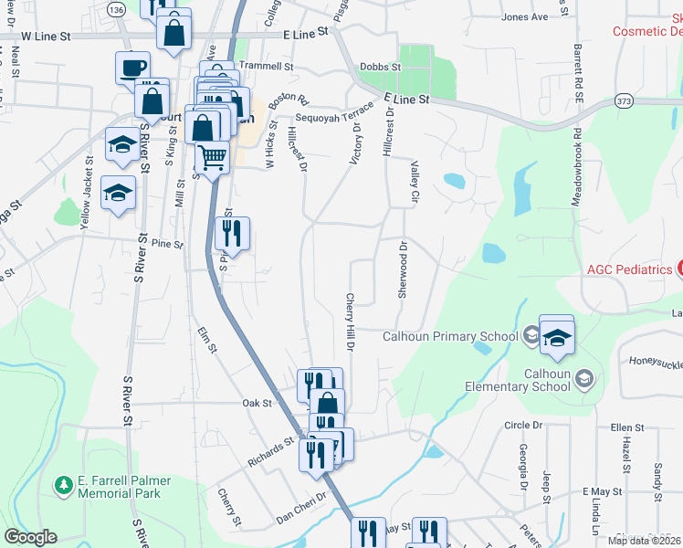 map of restaurants, bars, coffee shops, grocery stores, and more near 211 Cherry Hill Drive in Calhoun
