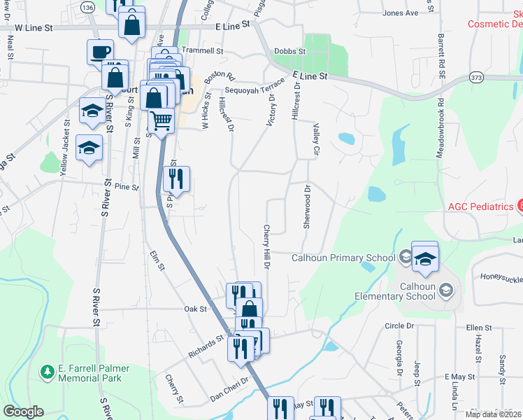 map of restaurants, bars, coffee shops, grocery stores, and more near 211 Cherry Hill Drive in Calhoun
