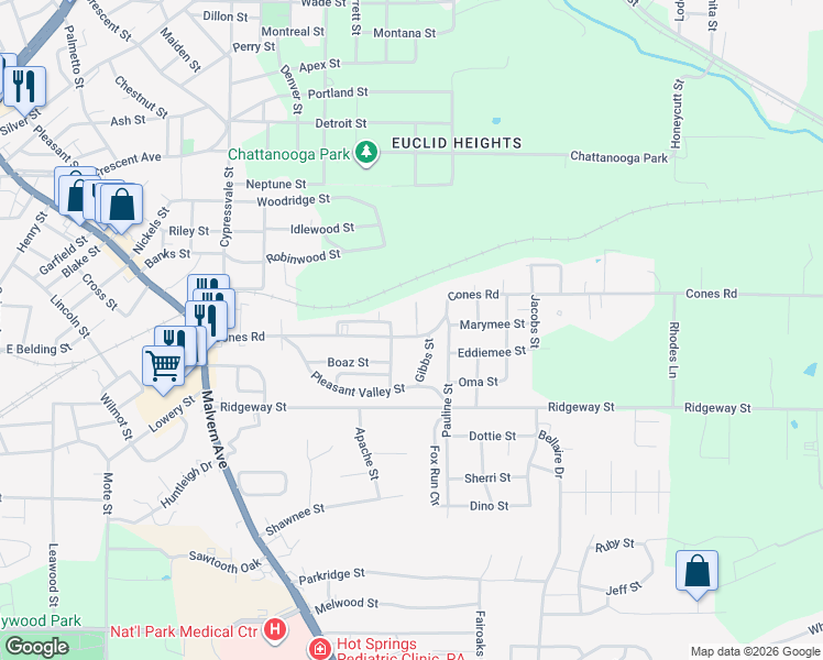 map of restaurants, bars, coffee shops, grocery stores, and more near 511 Cones Road in Hot Springs