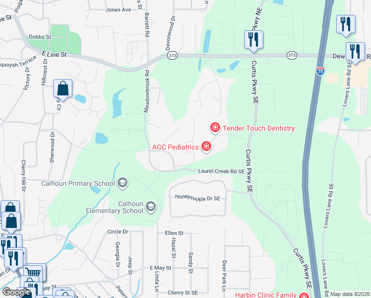 map of restaurants, bars, coffee shops, grocery stores, and more near 102 Savoy Place in Calhoun