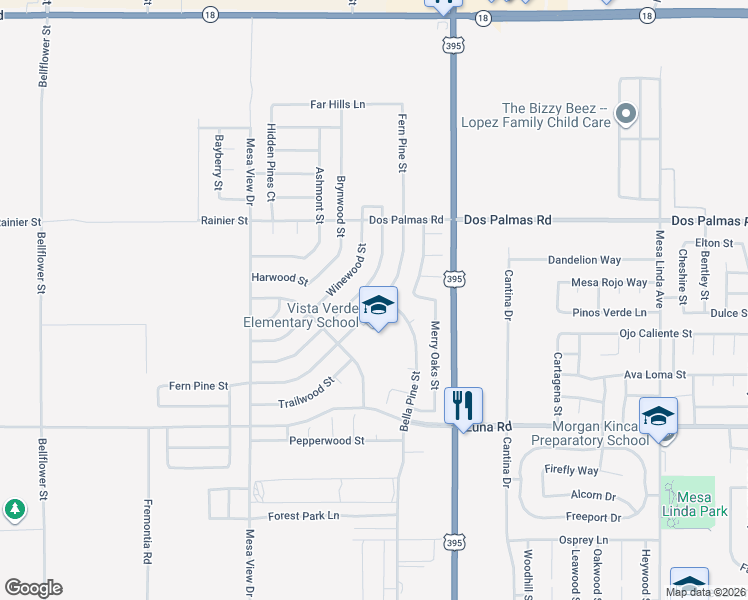 map of restaurants, bars, coffee shops, grocery stores, and more near 13548 Fern Pine Street in Victorville