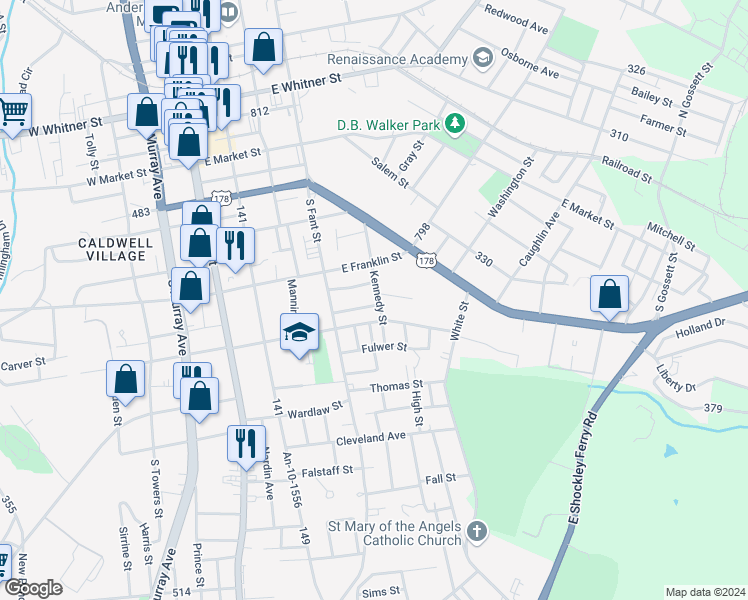 map of restaurants, bars, coffee shops, grocery stores, and more near 1012 Kennedy Street in Anderson