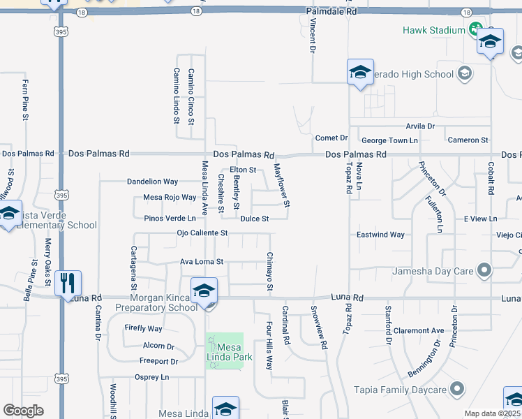 map of restaurants, bars, coffee shops, grocery stores, and more near 12621 Flintridge Street in Victorville