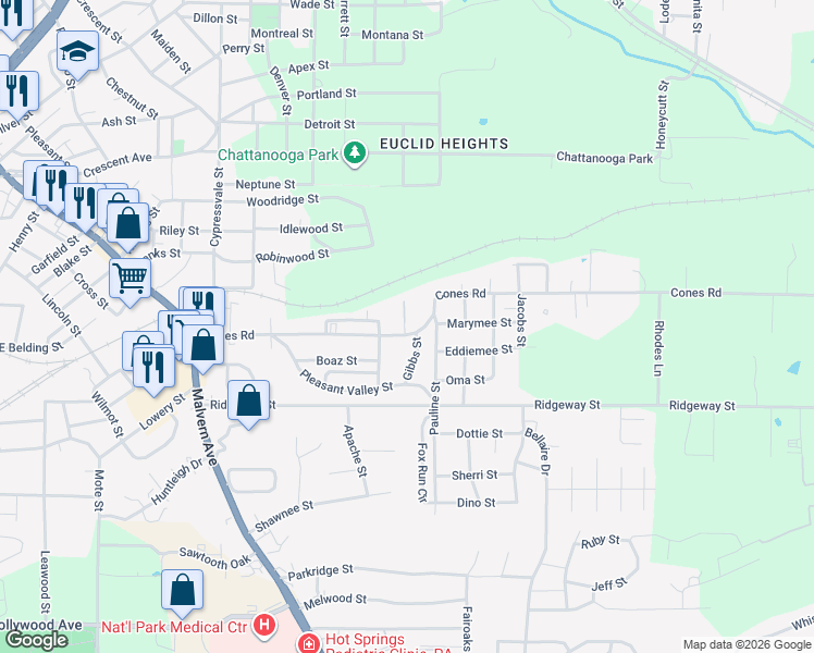map of restaurants, bars, coffee shops, grocery stores, and more near 511 Cones Road in Hot Springs