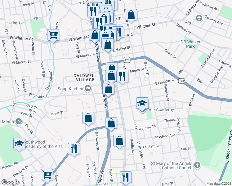 map of restaurants, bars, coffee shops, grocery stores, and more near 923 South Main Street in Anderson