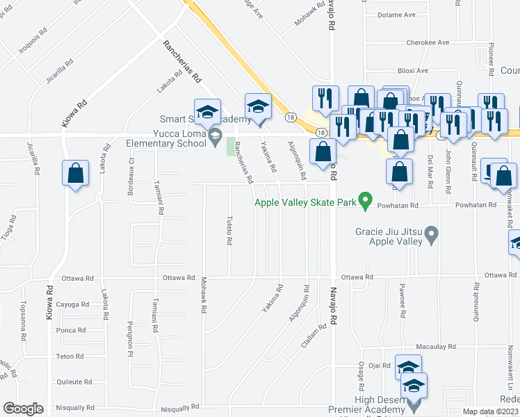 map of restaurants, bars, coffee shops, grocery stores, and more near 13491 Rancherias Road in Apple Valley