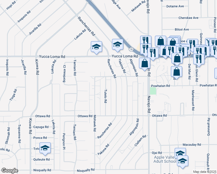 map of restaurants, bars, coffee shops, grocery stores, and more near 13489 Tutelo Road in Apple Valley