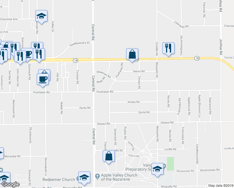 map of restaurants, bars, coffee shops, grocery stores, and more near 22545 Powhatan Road in Apple Valley