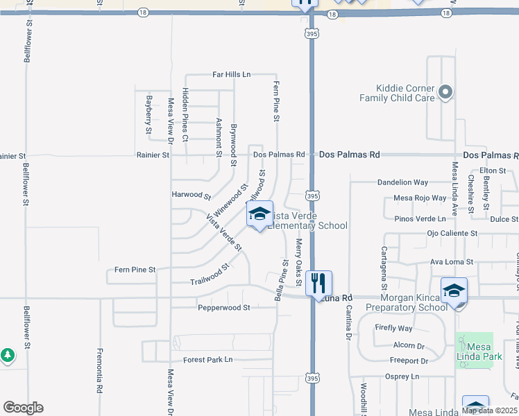 map of restaurants, bars, coffee shops, grocery stores, and more near 13554 Fern Pine Street in Victorville