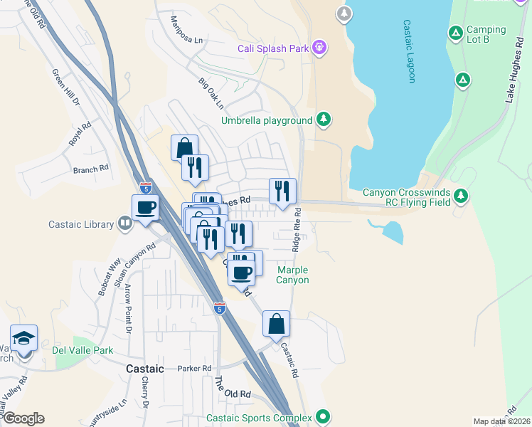 map of restaurants, bars, coffee shops, grocery stores, and more near 31767 Calle de las Brisas in Castaic