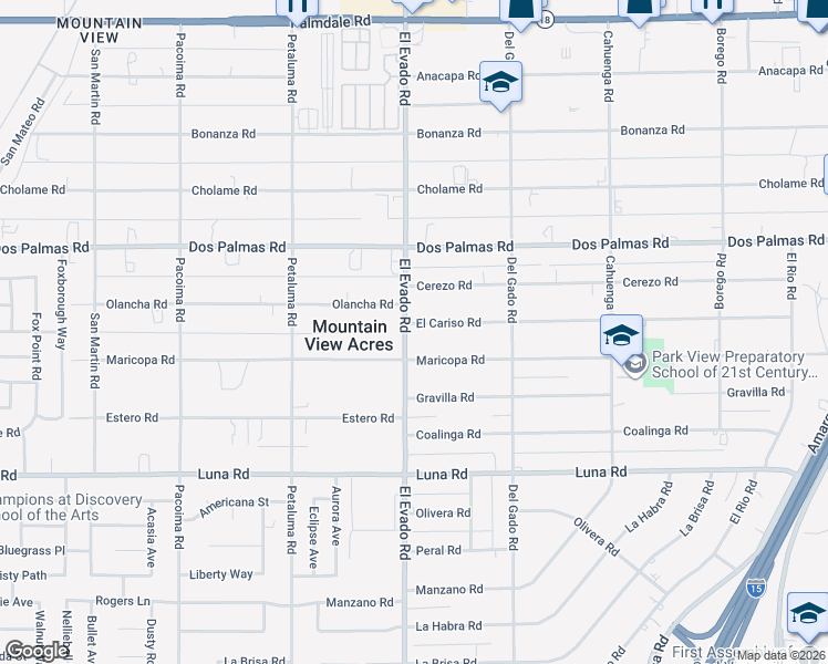 map of restaurants, bars, coffee shops, grocery stores, and more near 14511 El Cariso Road in Victorville