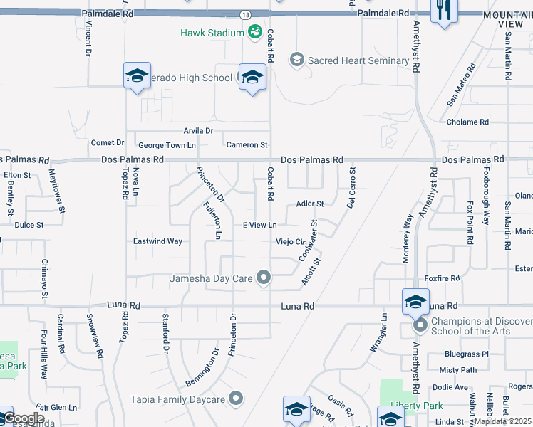 map of restaurants, bars, coffee shops, grocery stores, and more near 13550 Cobalt Road in Victorville