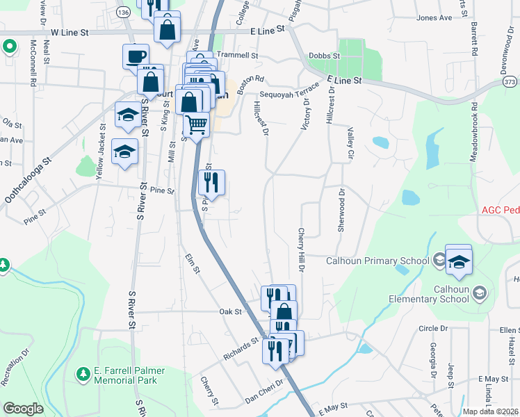 map of restaurants, bars, coffee shops, grocery stores, and more near 129 Victory Drive in Calhoun