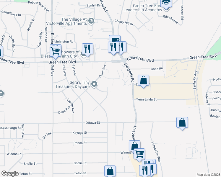 map of restaurants, bars, coffee shops, grocery stores, and more near 16885 Lambert Lane in Victorville