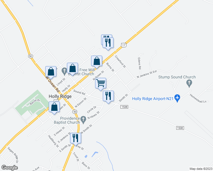 map of restaurants, bars, coffee shops, grocery stores, and more near 301 Kraft Street in Holly Ridge