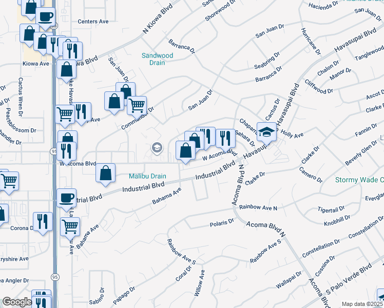 map of restaurants, bars, coffee shops, grocery stores, and more near 2113 Acoma Blvd W in Lake Havasu City