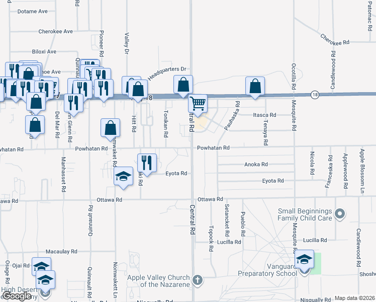 map of restaurants, bars, coffee shops, grocery stores, and more near 13505 Central Road in Apple Valley