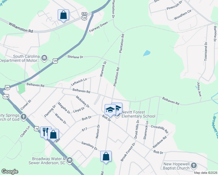 map of restaurants, bars, coffee shops, grocery stores, and more near 208 Collingwood Drive in Anderson